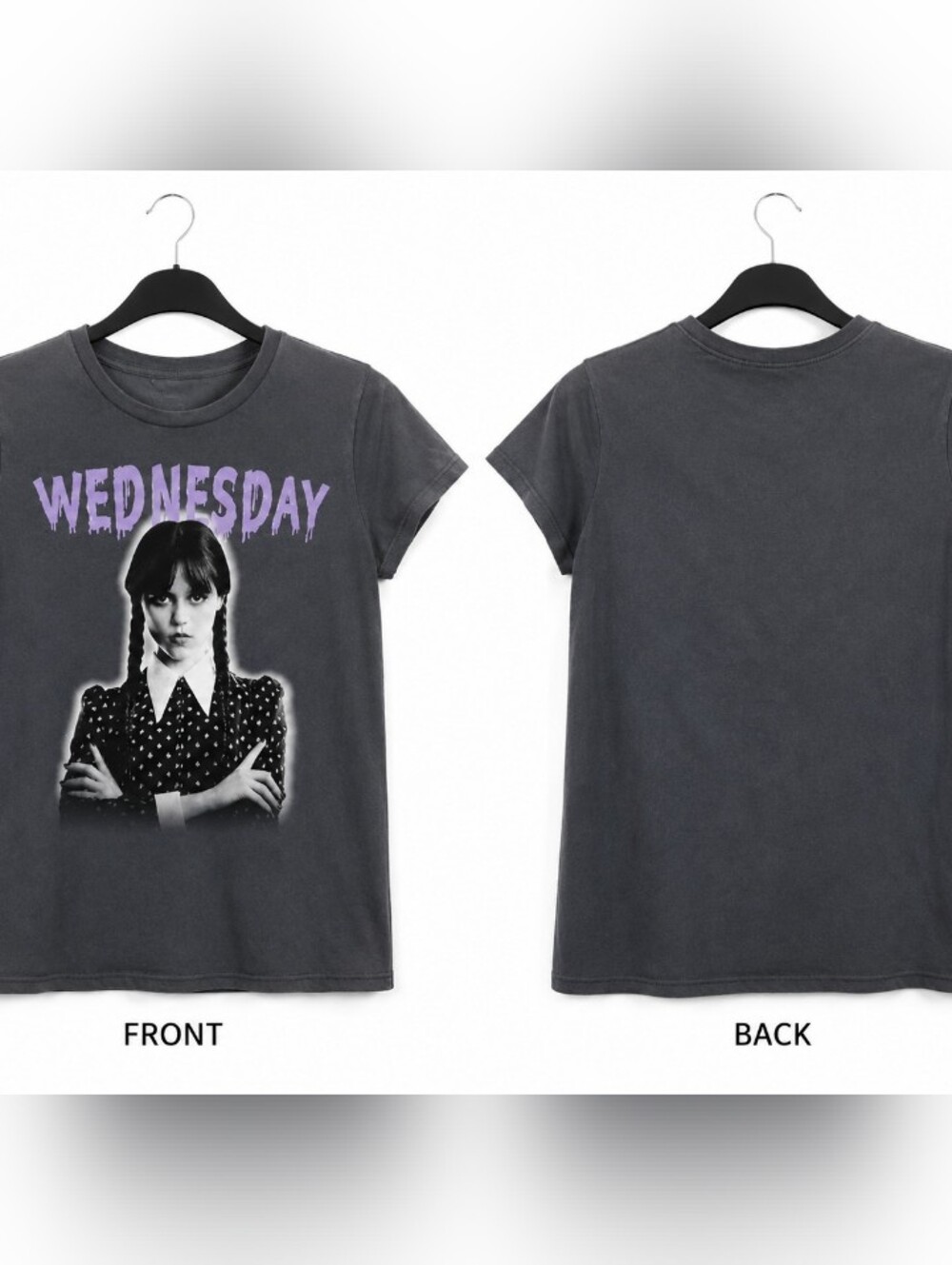 Kids Short-Sleeve Wednesday Graphic Tee - Black with Purple Print Size Large